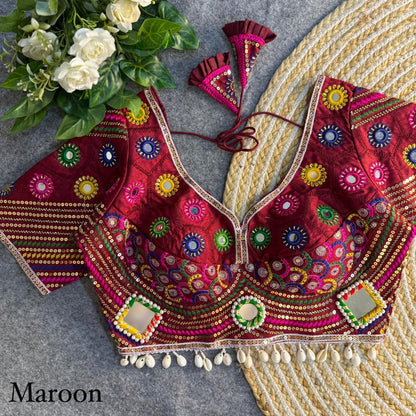 Mirror, Bead & Kaudi Work Italian Silk Navratri Blouse
