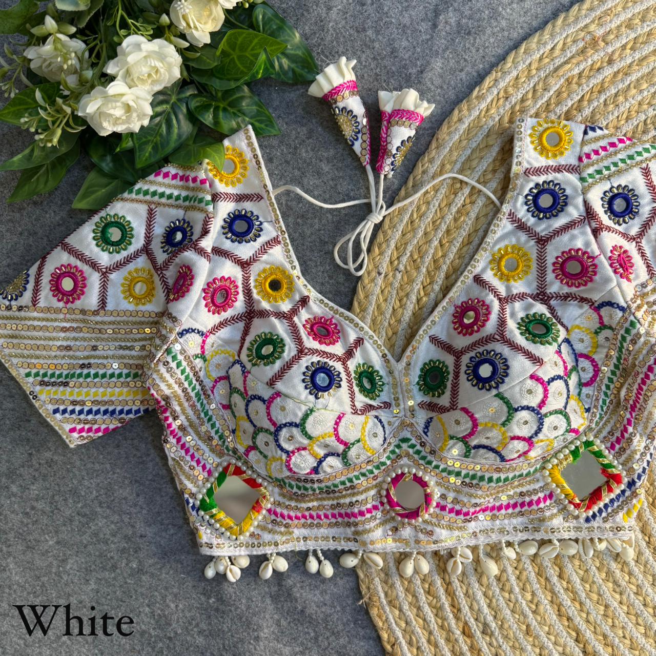 Mirror, Bead & Kaudi Work Italian Silk Navratri Blouse