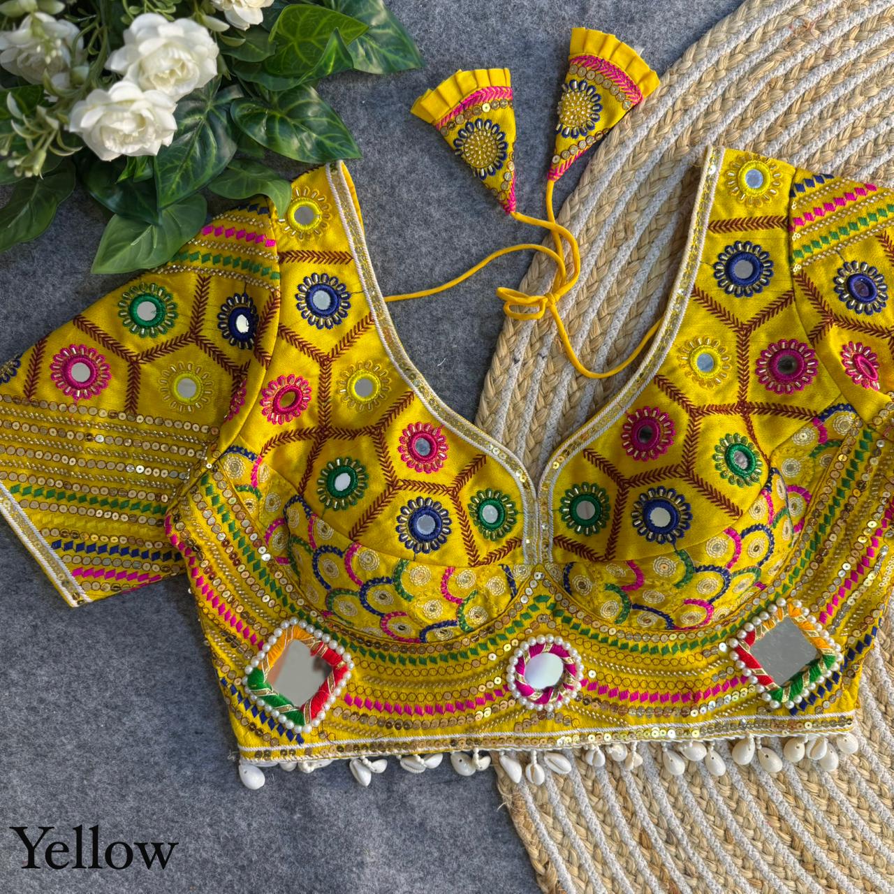 Mirror, Bead & Kaudi Work Italian Silk Navratri Blouse