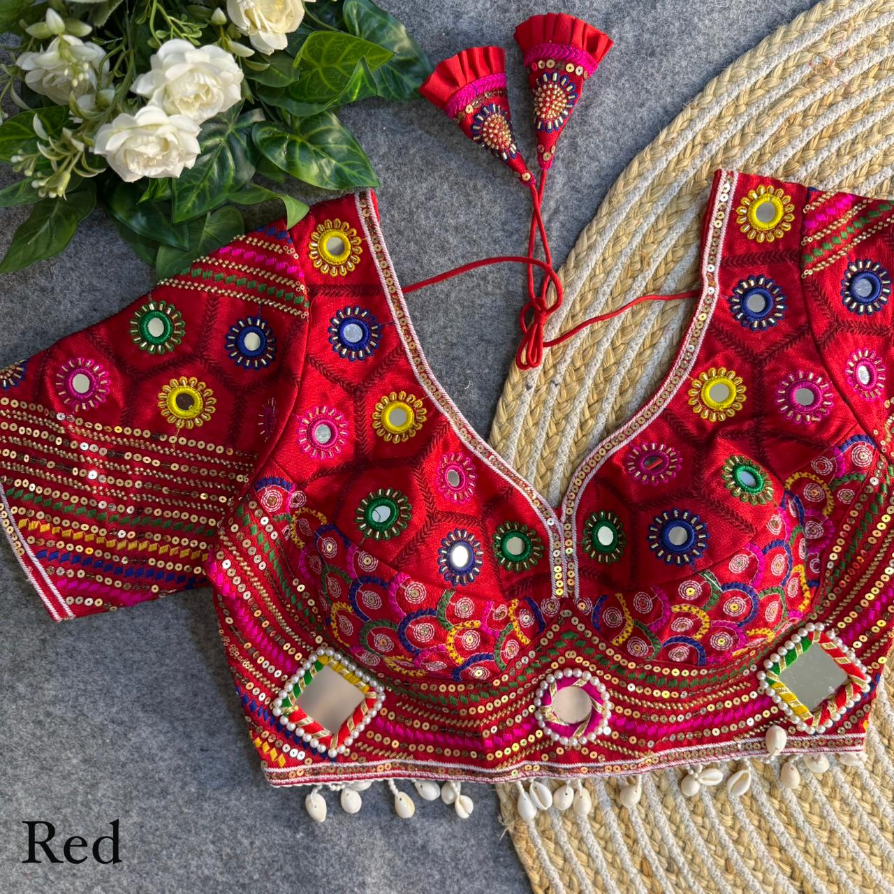 Mirror, Bead & Kaudi Work Italian Silk Navratri Blouse