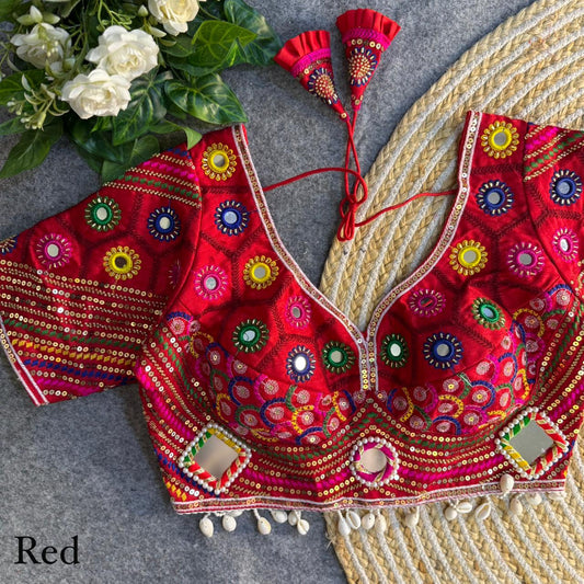 Mirror, Bead & Kaudi Work Italian Silk Navratri Blouse