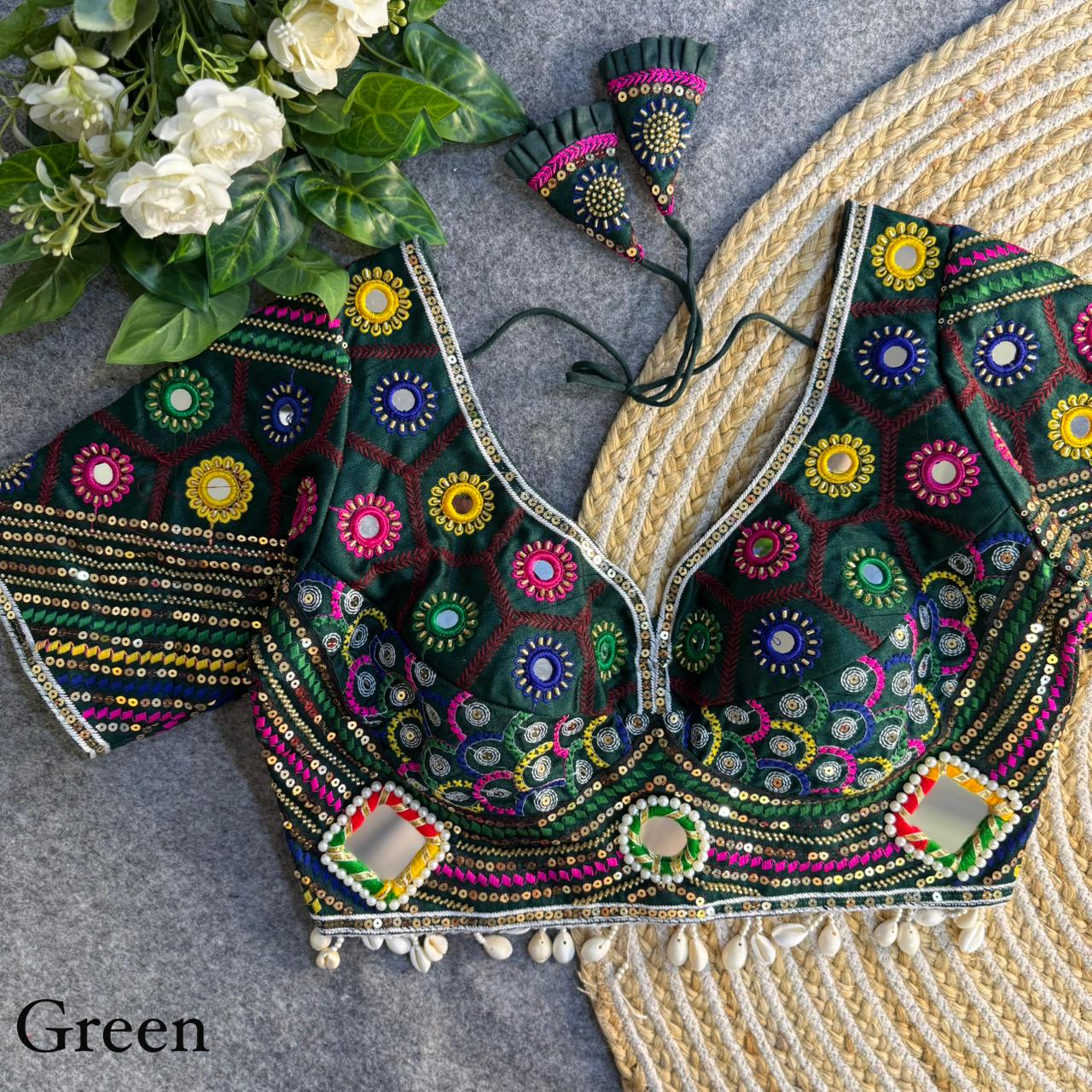 Mirror, Bead & Kaudi Work Italian Silk Navratri Blouse