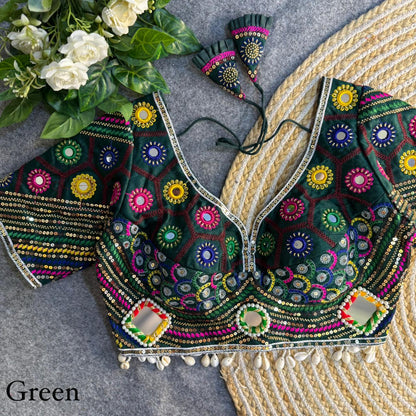 Mirror, Bead & Kaudi Work Italian Silk Navratri Blouse