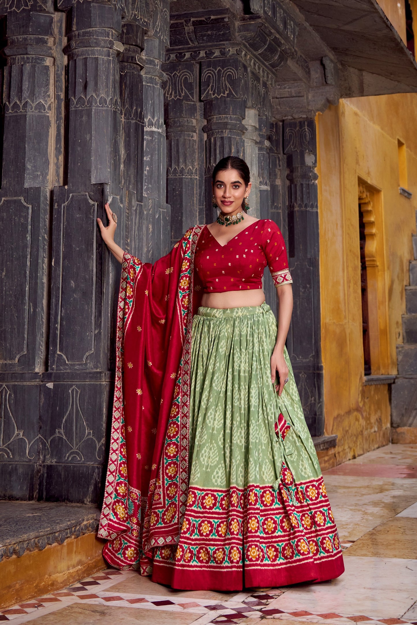 Red & Pista Green Ikkat Print Tasar Silk Chaniya Choli Set with Dupatta