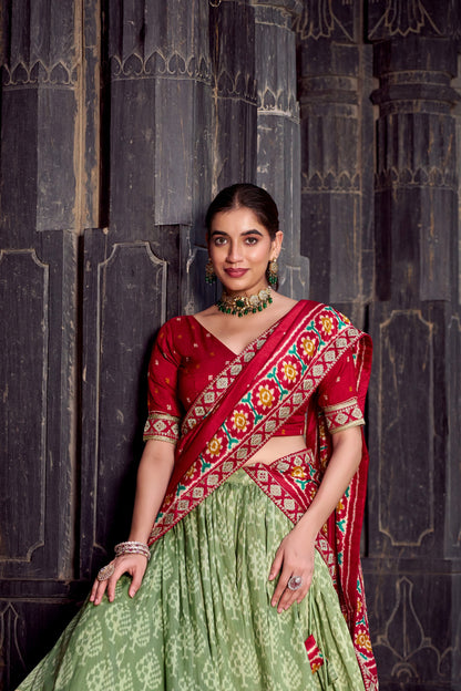Red & Pista Green Ikkat Print Tasar Silk Chaniya Choli Set with Dupatta