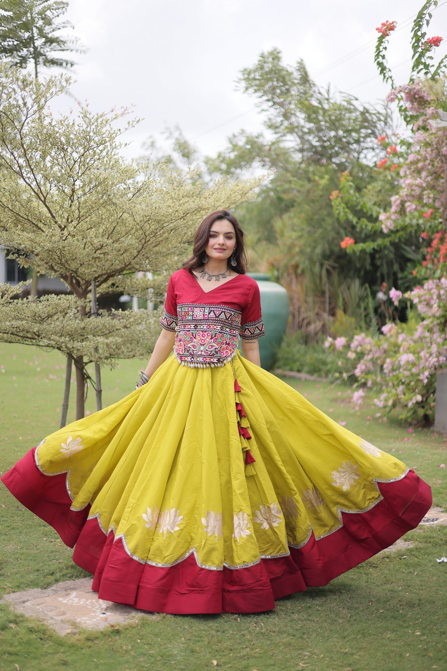 Rani Pink & Mustard Yellow Kutchi Gamthi Embroidered Chaniya Choli