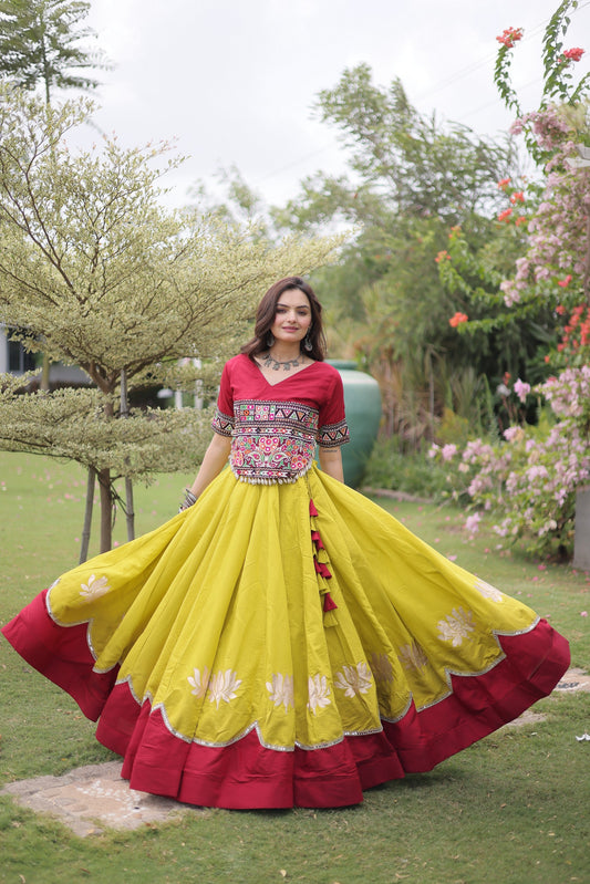 Rani Pink & Mustard Yellow Kutchi Gamthi Embroidered Chaniya Choli