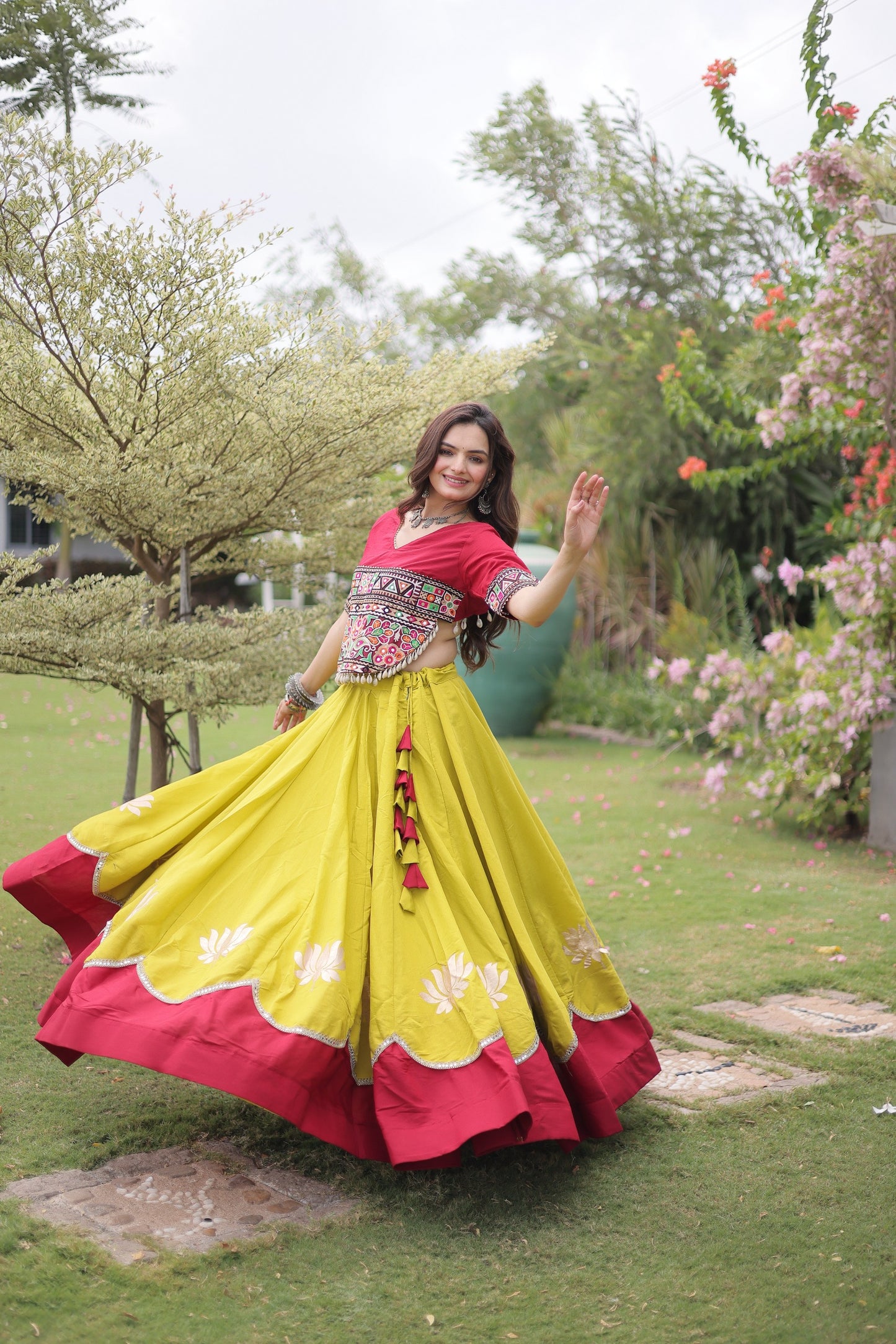 Rani Pink & Mustard Yellow Kutchi Gamthi Embroidered Chaniya Choli