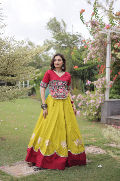 Rani Pink & Mustard Yellow Kutchi Gamthi Embroidered Chaniya Choli