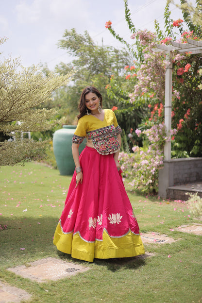 Mustard Yellow & Rani Pink Kutchi Gamthi Embroidered Chaniya Choli