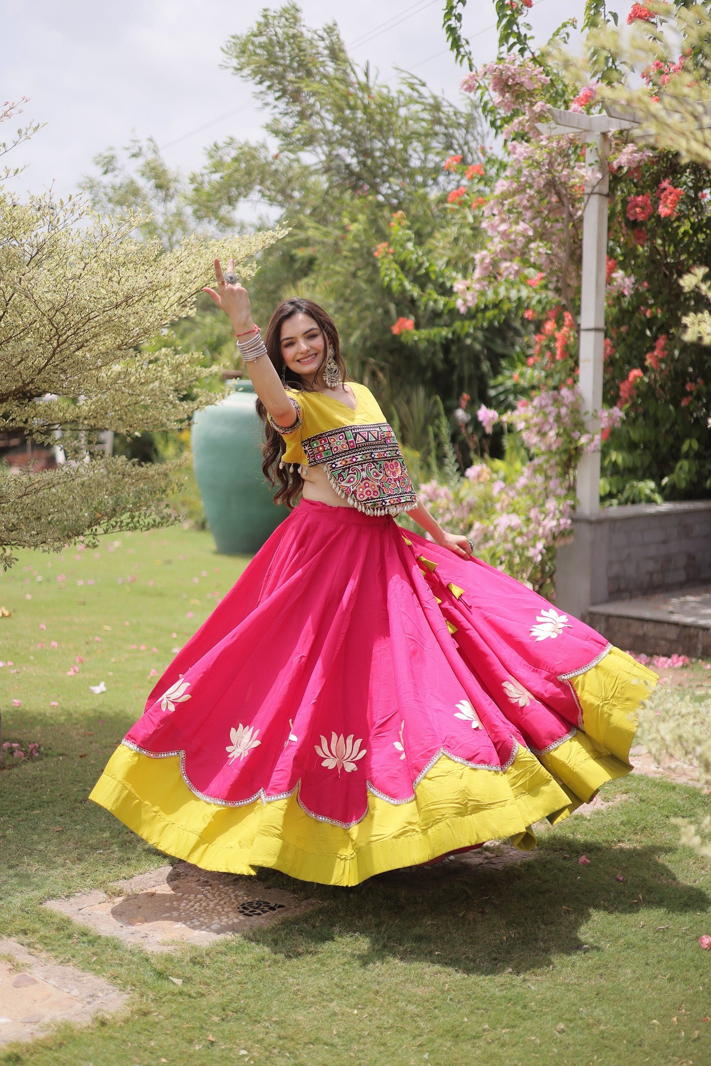 Mustard Yellow & Rani Pink Kutchi Gamthi Embroidered Chaniya Choli