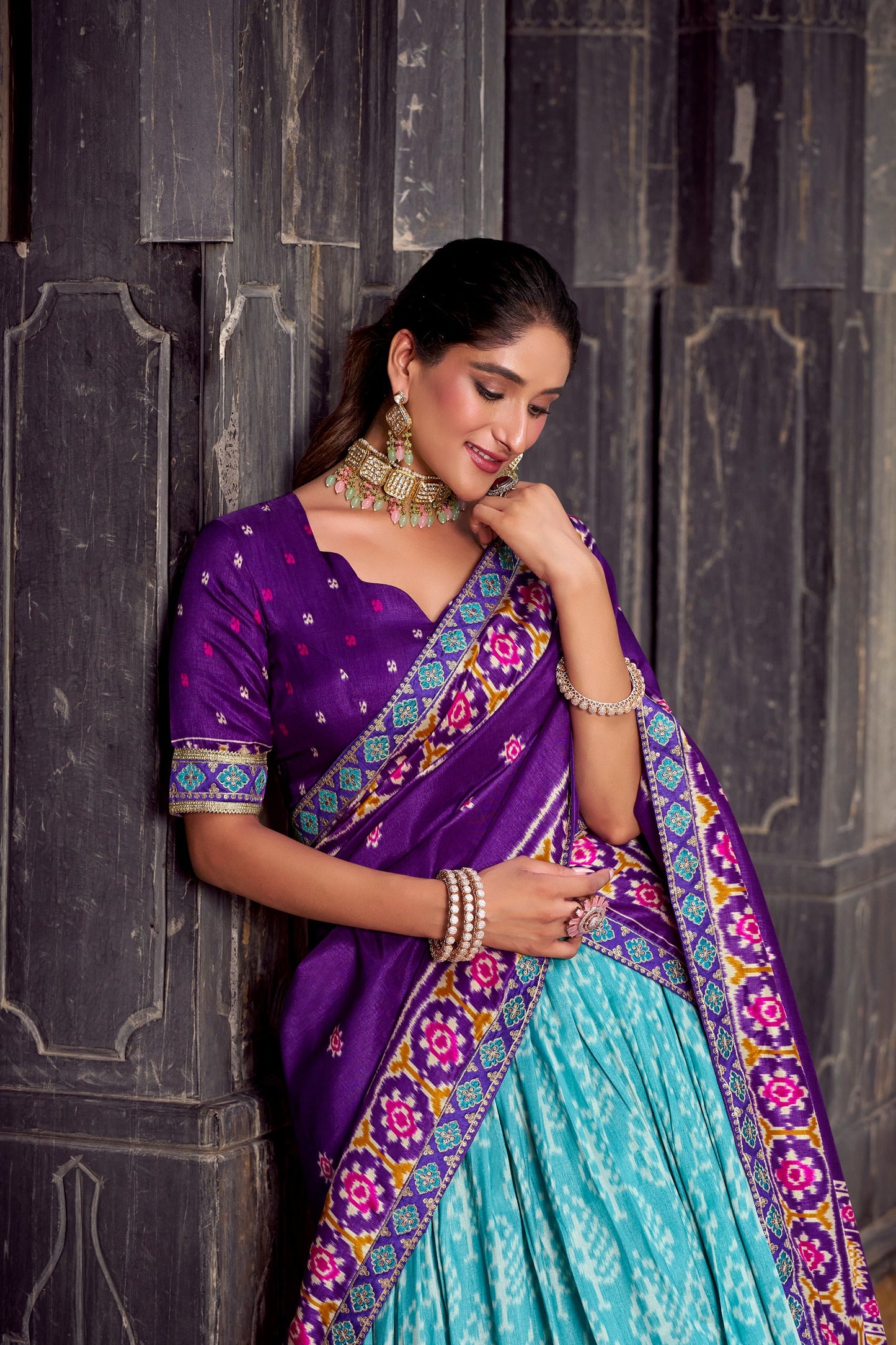 Purple & Aqua Blue Ikkat Print Tasar Silk Chaniya Choli with Dupatta