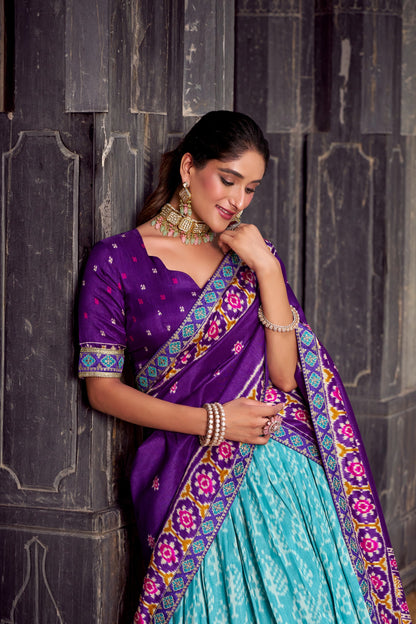 Purple & Aqua Blue Ikkat Print Tasar Silk Chaniya Choli with Dupatta