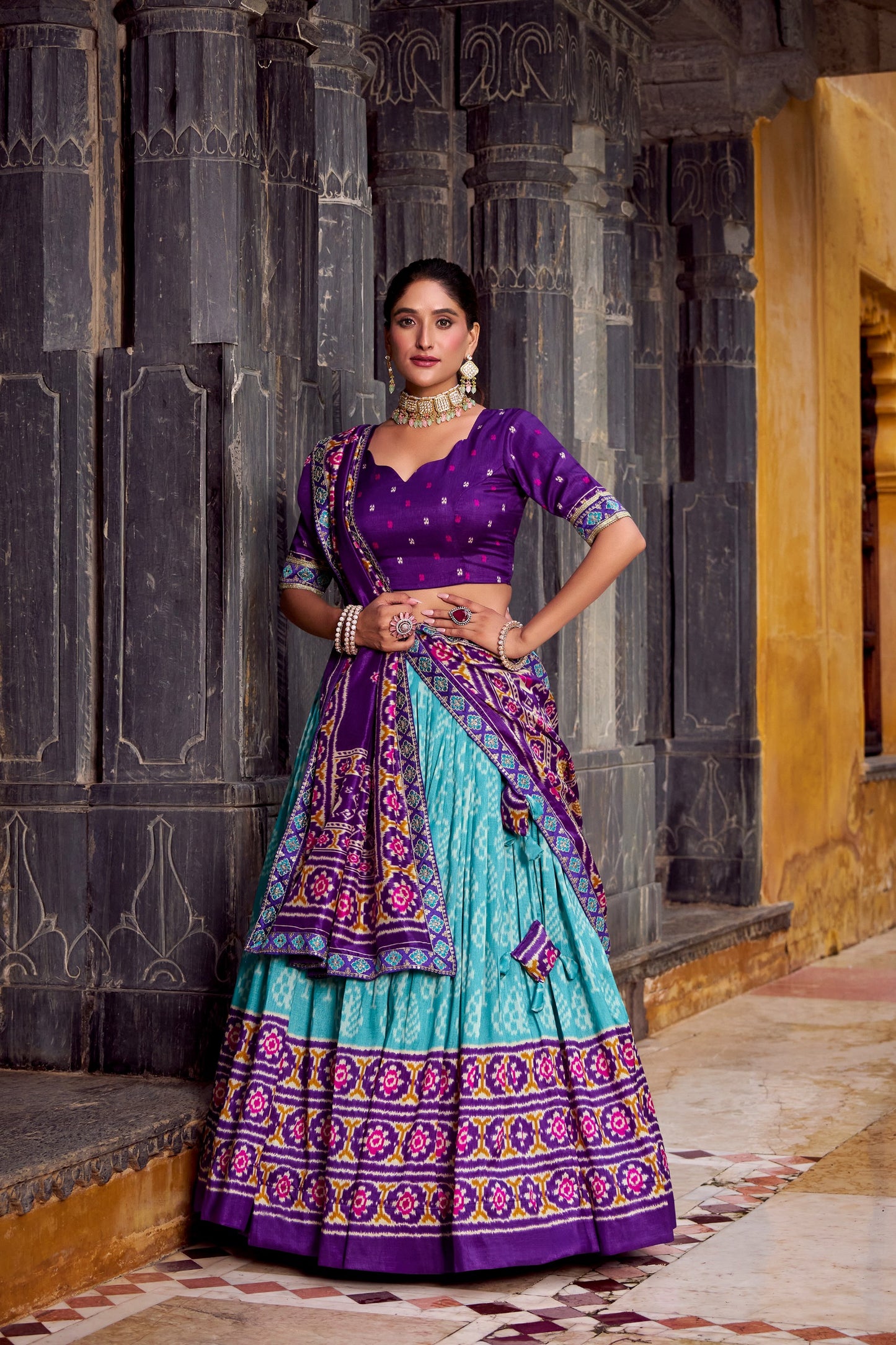 Purple & Aqua Blue Ikkat Print Tasar Silk Chaniya Choli with Dupatta