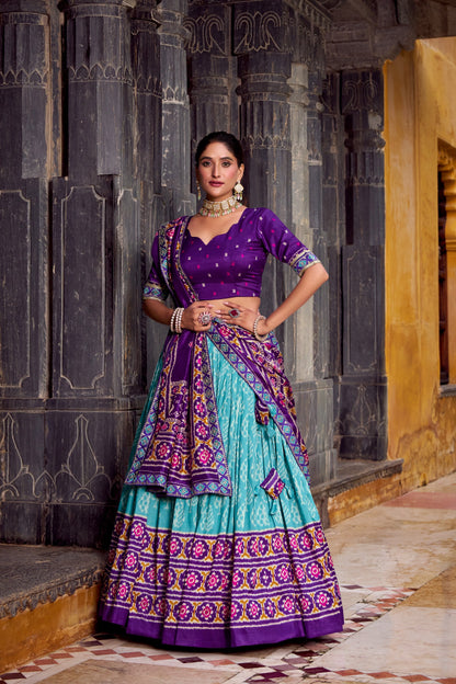 Purple & Aqua Blue Ikkat Print Tasar Silk Chaniya Choli with Dupatta