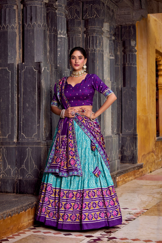 Purple & Aqua Blue Ikkat Print Tasar Silk Chaniya Choli with Dupatta