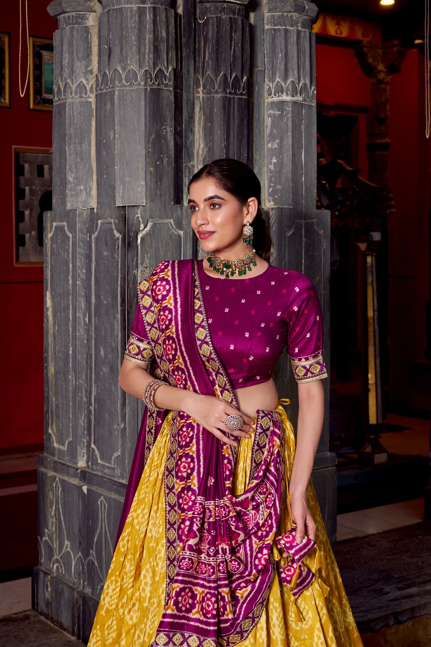 Rani Pink & Mustard Yellow Ikkat Print Tasar Silk Chaniya Choli Set with Dupatta