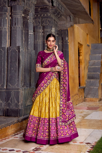 Rani Pink & Mustard Yellow Ikkat Print Tasar Silk Chaniya Choli Set with Dupatta
