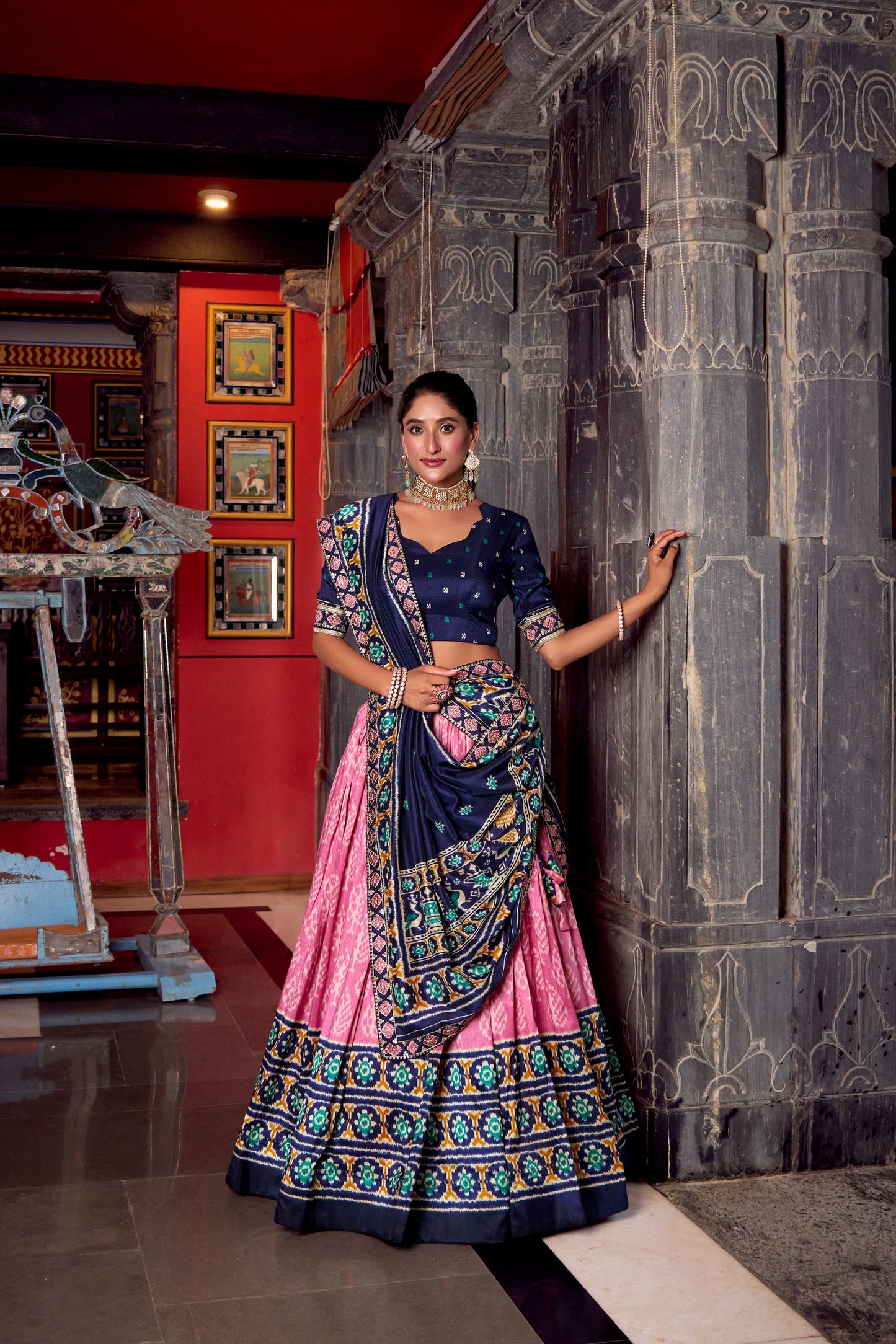Navy Blue & Pink Ikkat Print Tasar Silk Chaniya Choli Set with Dupatta