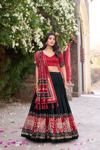 Red & Black Ikkat Print Chaniya Choli Set with Dupatta