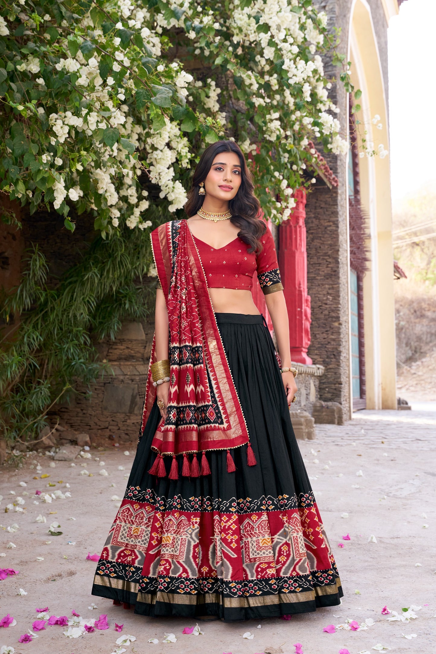 Red & Black Ikkat Print Chaniya Choli Set with Dupatta