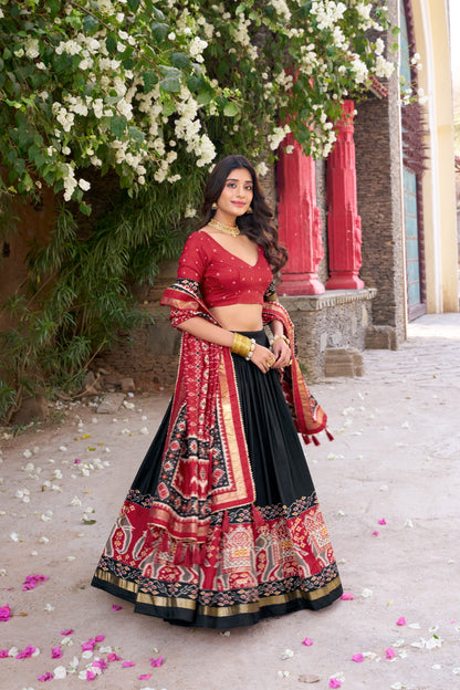 Red & Black Ikkat Print Chaniya Choli Set with Dupatta