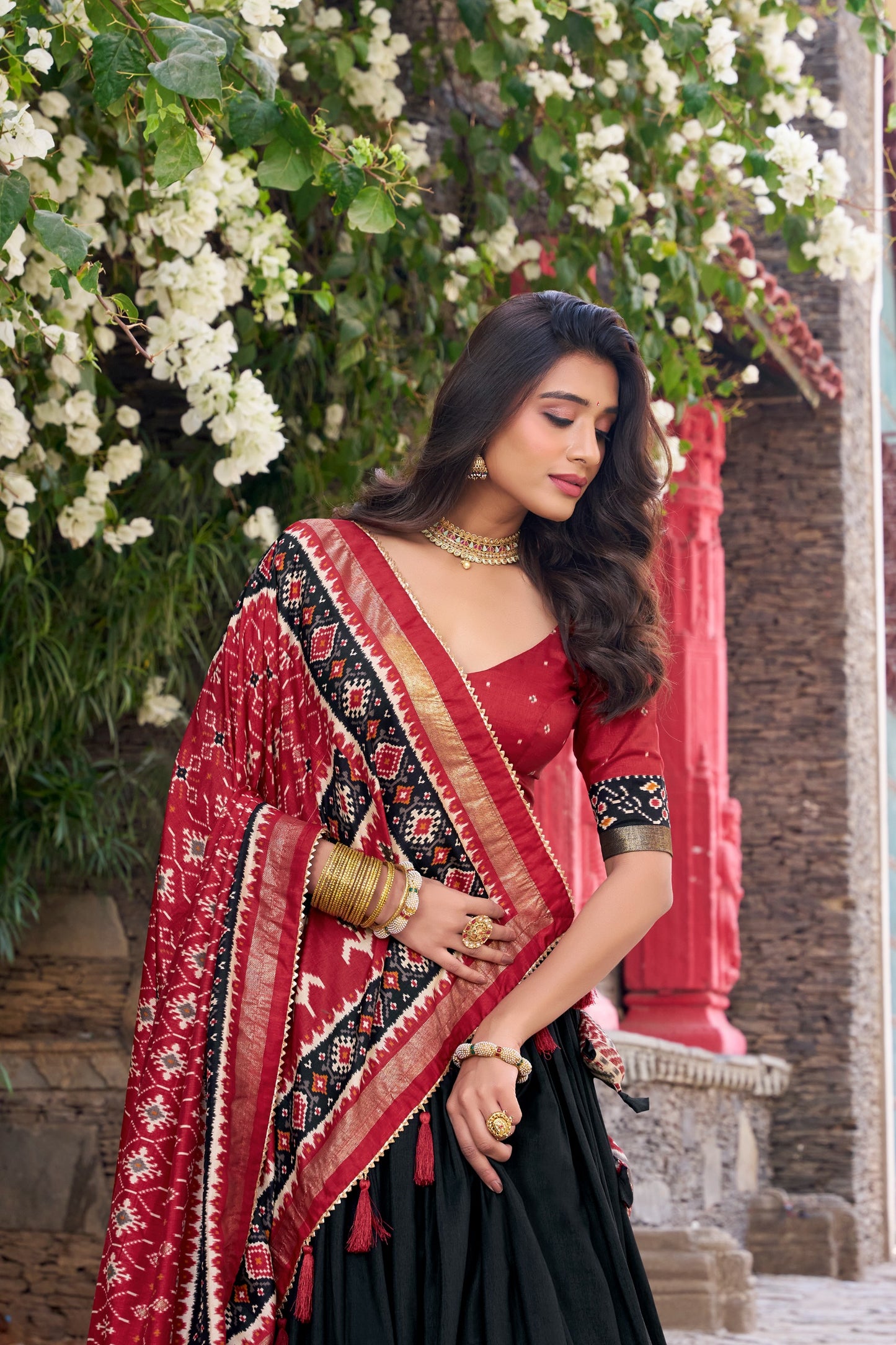 Red & Black Ikkat Print Chaniya Choli Set with Dupatta