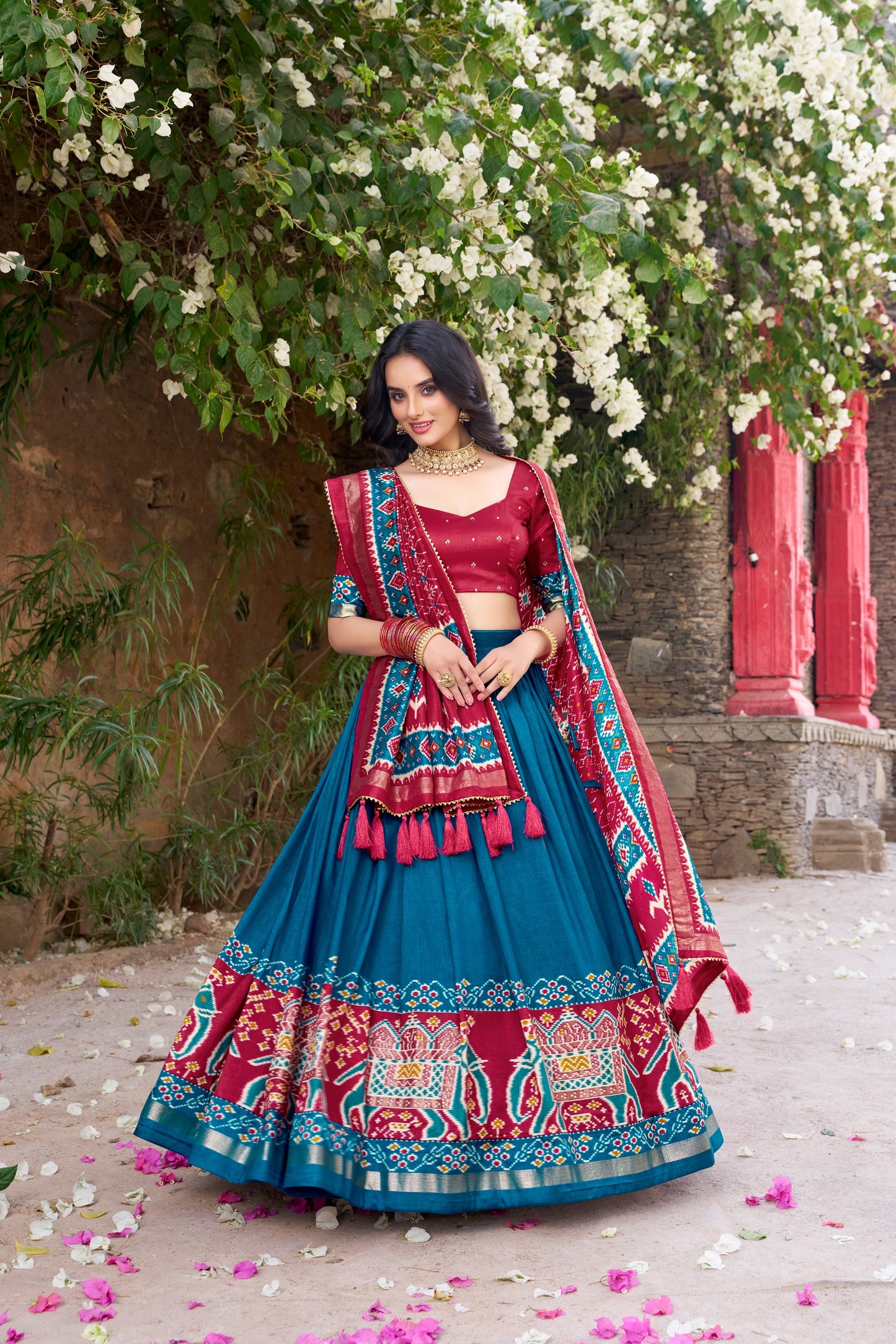 Maroon & Teal Blue Patola Print Tasar Silk Lehenga Choli Set with Dupatta