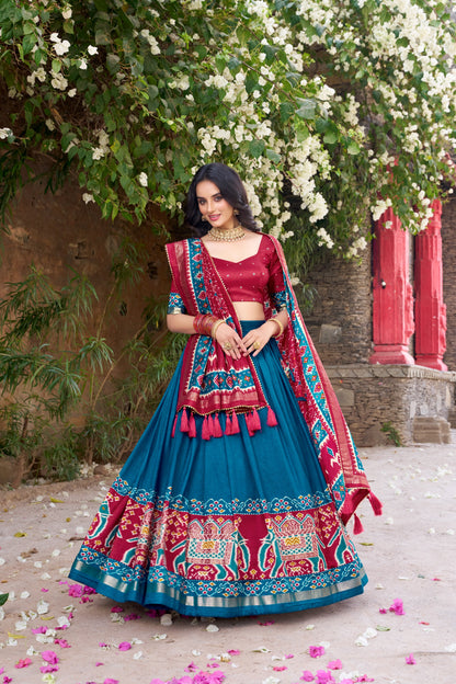 Maroon & Teal Blue Patola Print Tasar Silk Lehenga Choli Set with Dupatta