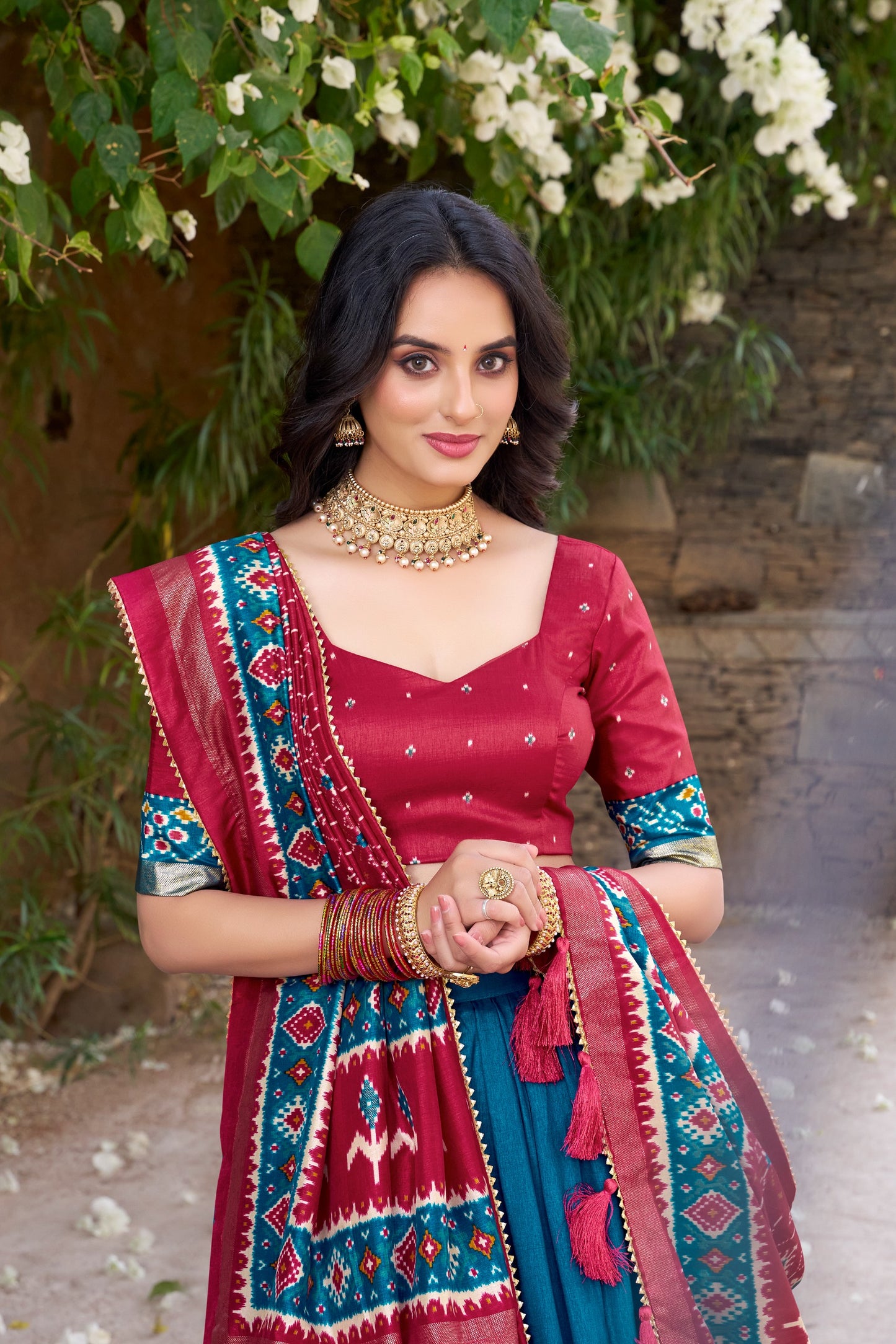 Maroon & Teal Blue Patola Print Tasar Silk Lehenga Choli Set with Dupatta