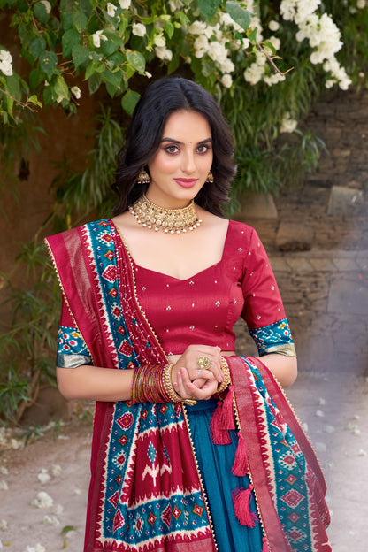 Maroon & Teal Blue Patola Print Tasar Silk Lehenga Choli Set with Dupatta
