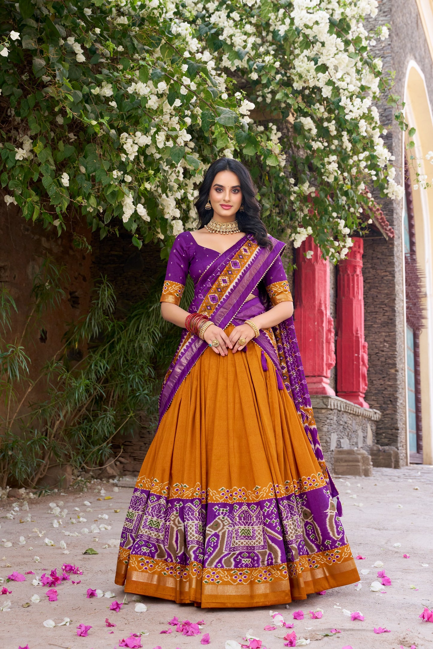 Purple & Mustard Yellow Patola Print Tasar Silk Lehenga Choli Set with Dupatta