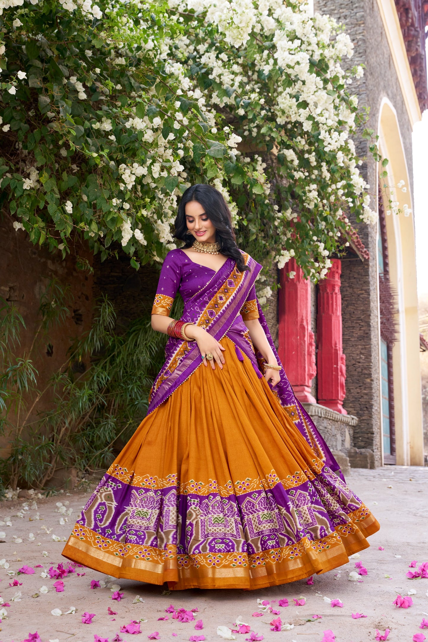 Purple & Mustard Yellow Patola Print Tasar Silk Lehenga Choli Set with Dupatta