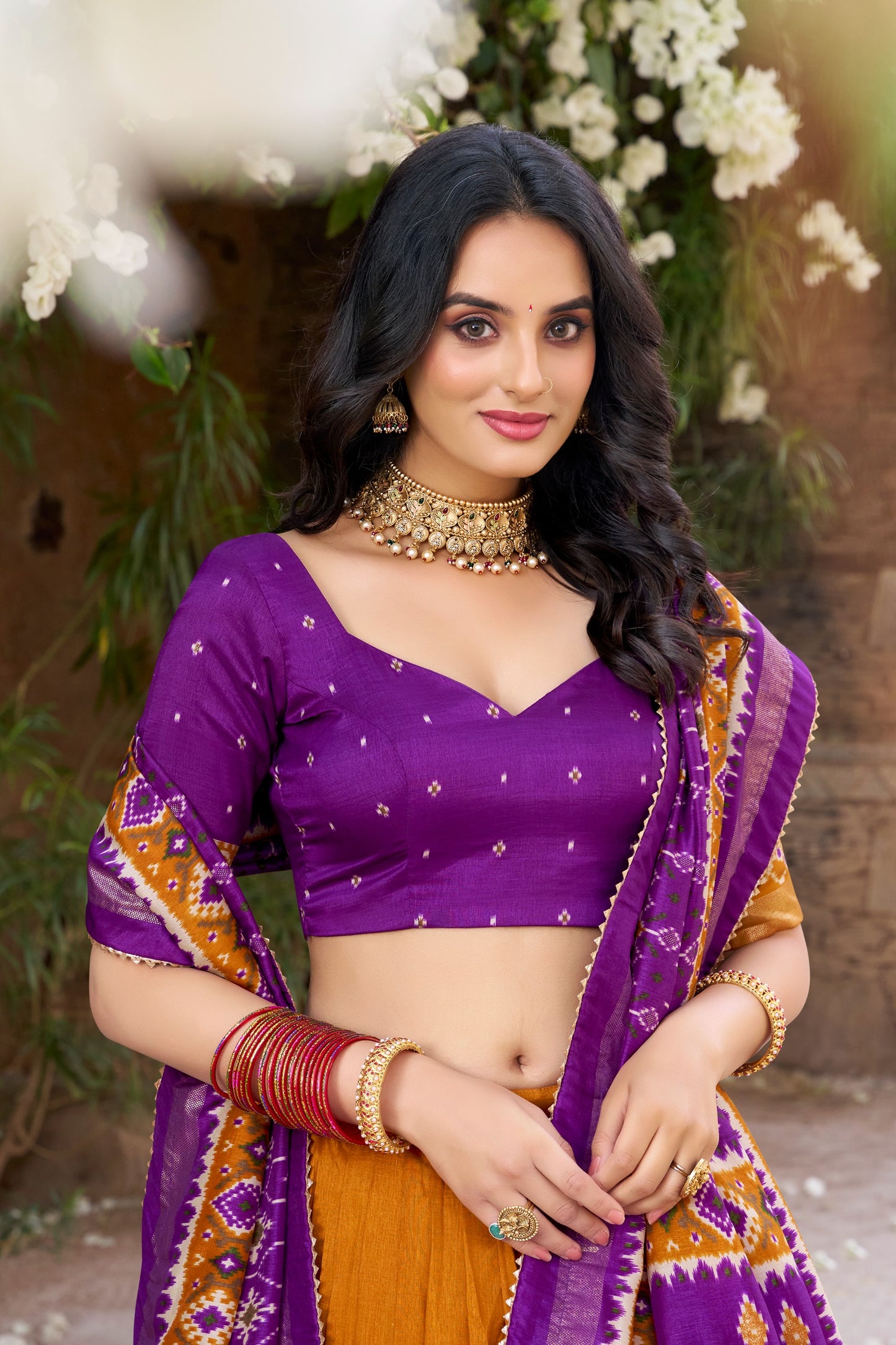 Purple & Mustard Yellow Patola Print Tasar Silk Lehenga Choli Set with Dupatta