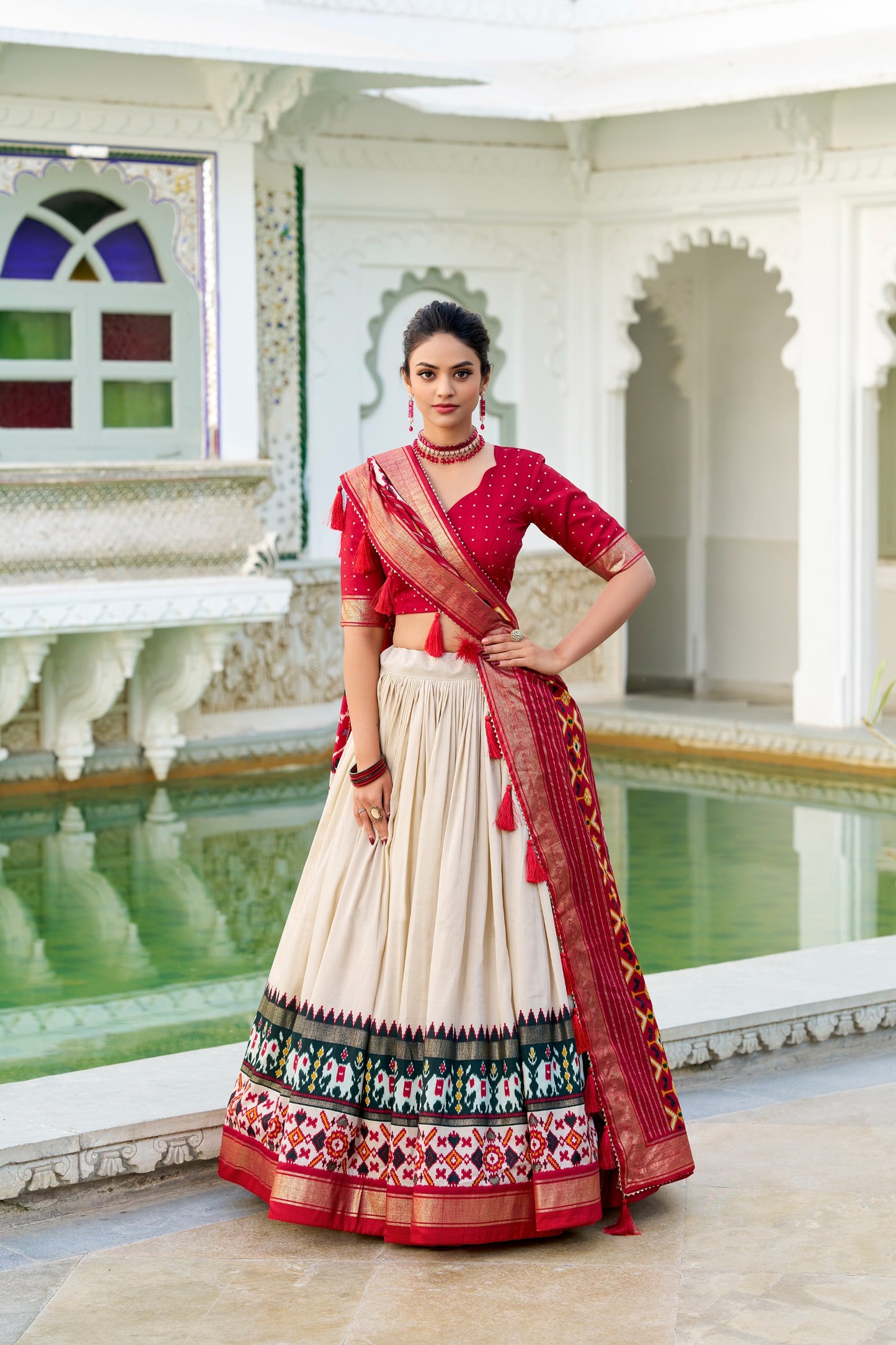 Red & Ivory Patola Print Tasar Silk Lehenga Choli Set with Dupatta