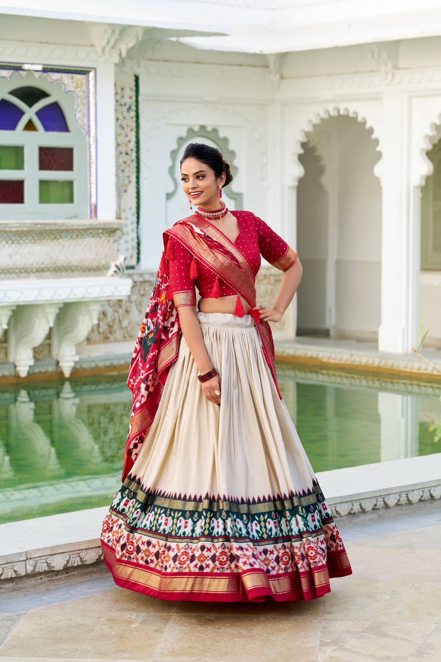 Red & Ivory Patola Print Tasar Silk Lehenga Choli Set with Dupatta