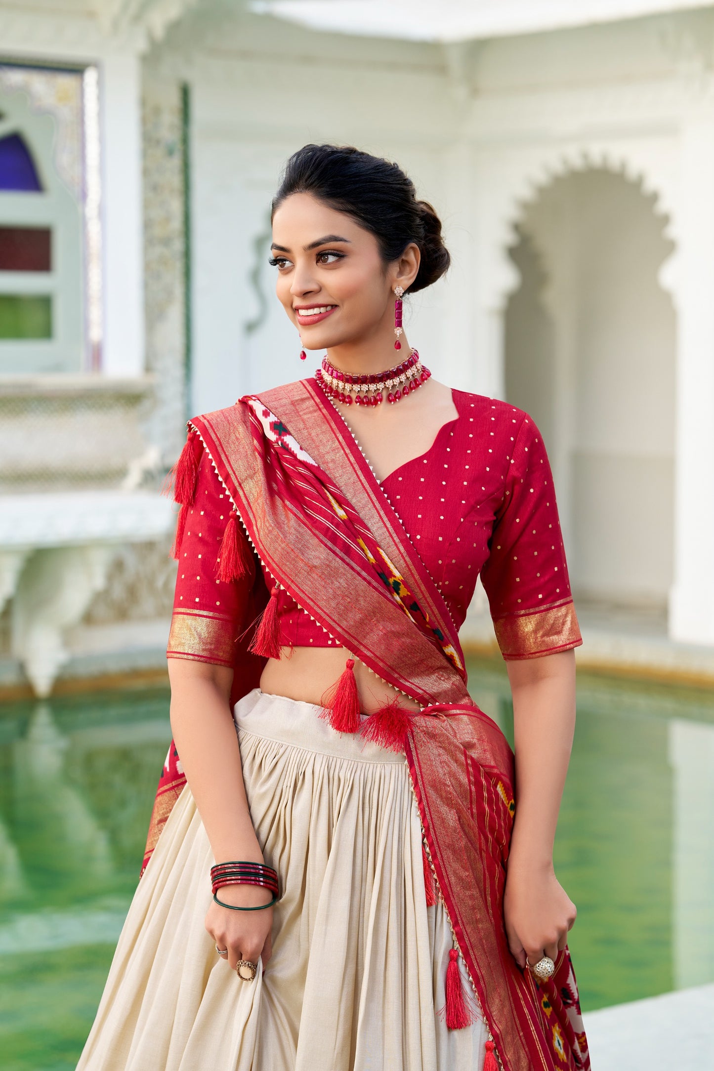 Red & Ivory Patola Print Tasar Silk Lehenga Choli Set with Dupatta