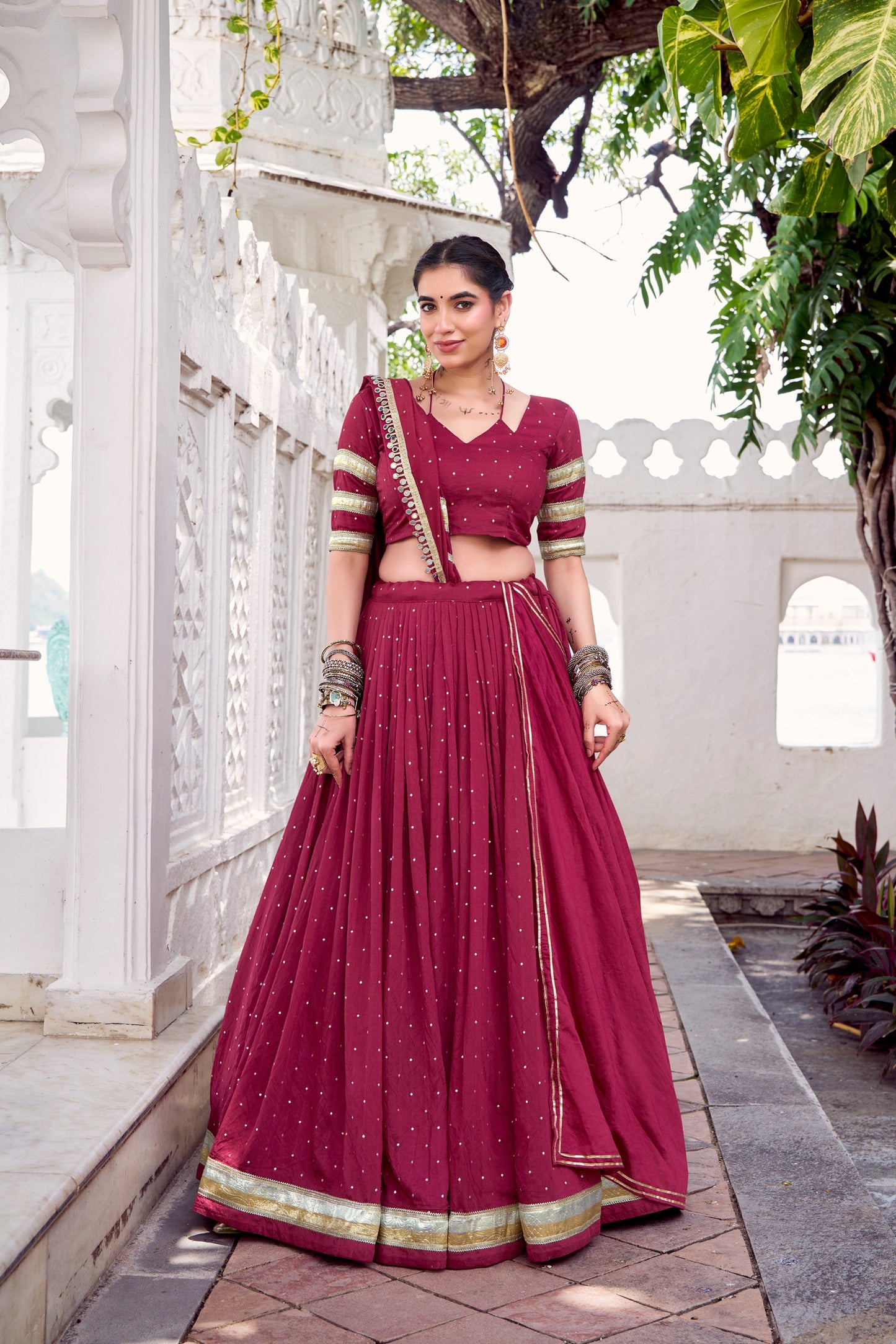 Wine Maroon Patola Print Tasar Silk Lehenga Choli Set with Dupatta