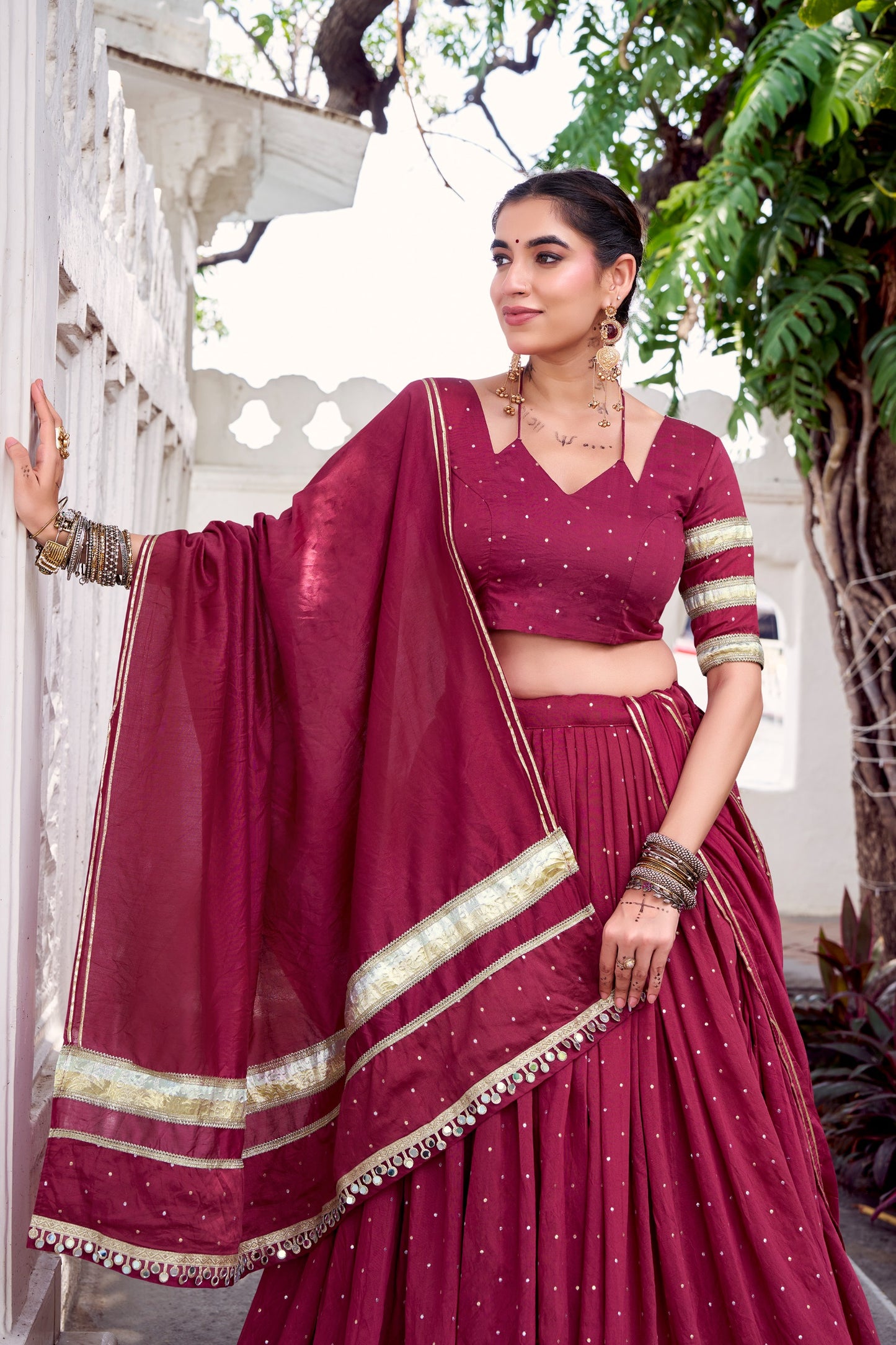 Wine Maroon Patola Print Tasar Silk Lehenga Choli Set with Dupatta