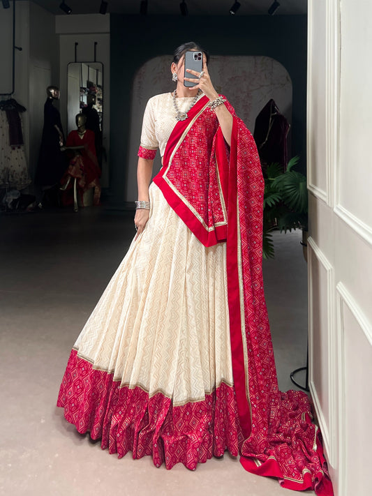 Red & Ivory Zigzag Bandhej Print Lehenga Choli Set with Dupatta