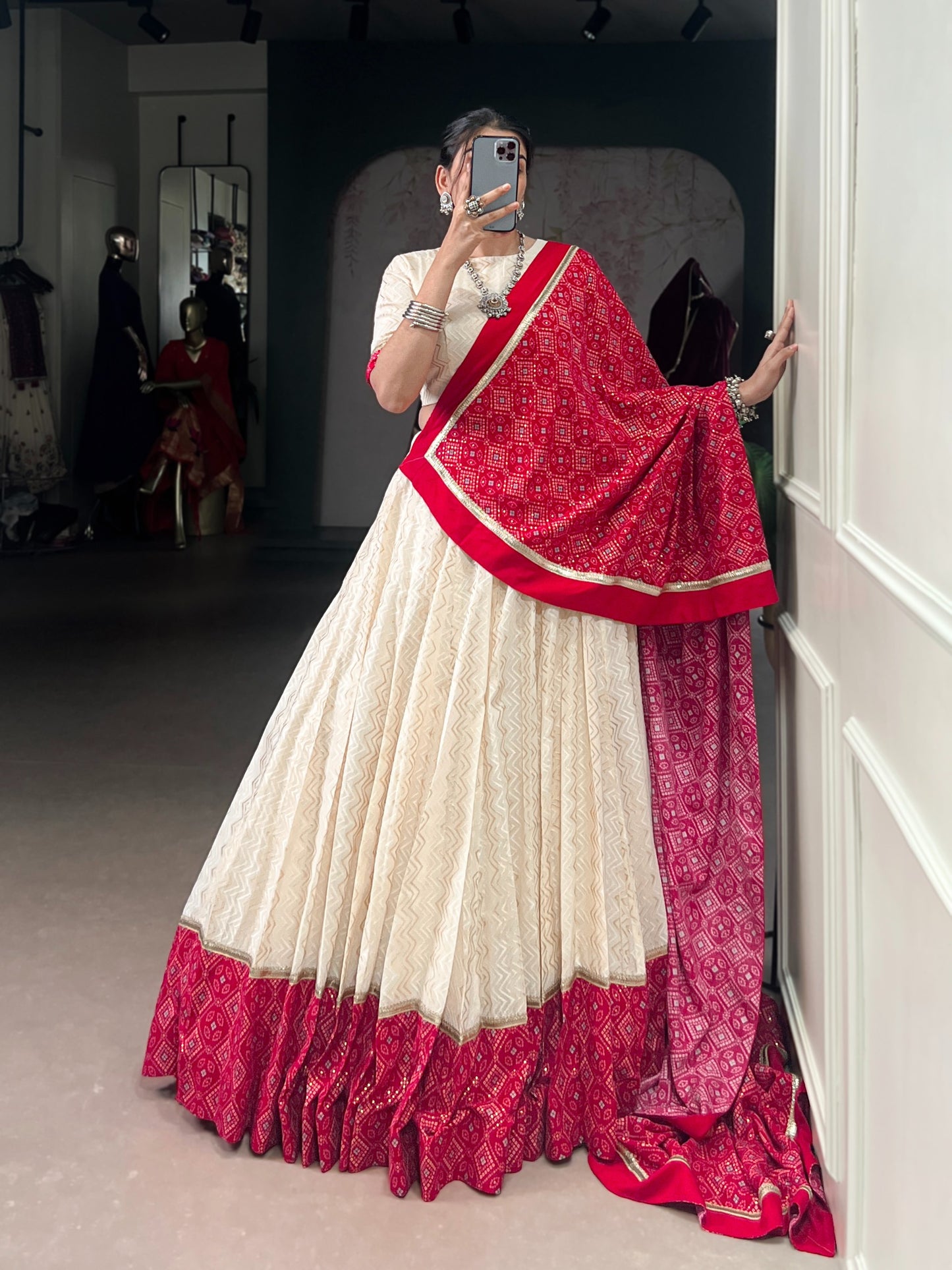 Red & Ivory Zigzag Bandhej Print Lehenga Choli Set with Dupatta