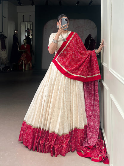 Red & Ivory Zigzag Bandhej Print Lehenga Choli Set with Dupatta