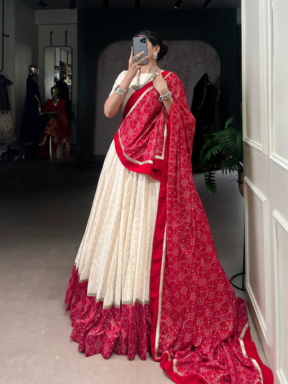 Red & Ivory Zigzag Bandhej Print Lehenga Choli Set with Dupatta