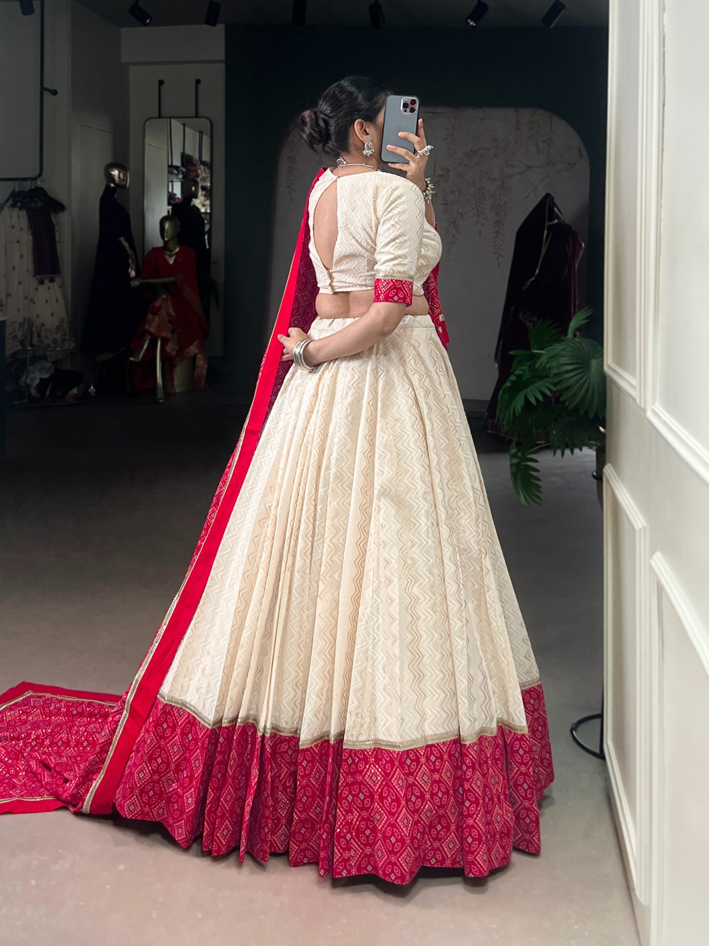 Red & Ivory Zigzag Bandhej Print Lehenga Choli Set with Dupatta