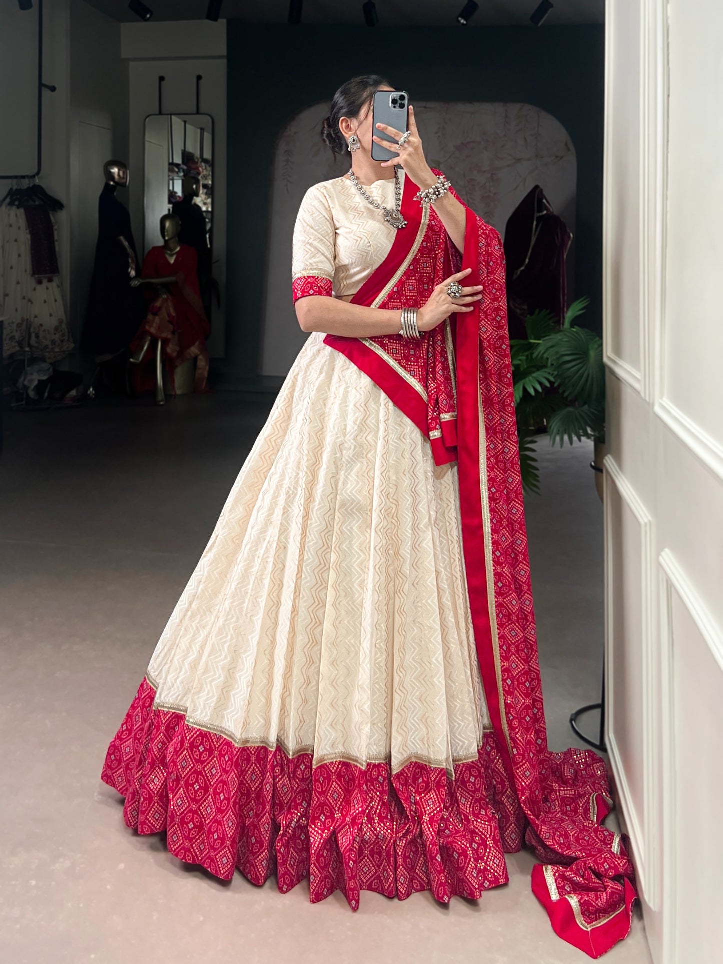 Red & Ivory Zigzag Bandhej Print Lehenga Choli Set with Dupatta
