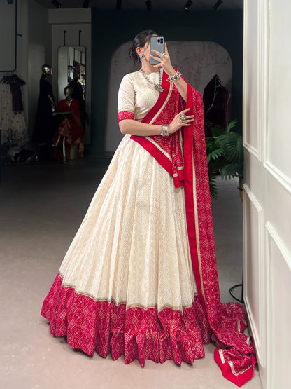 Red & Ivory Zigzag Bandhej Print Lehenga Choli Set with Dupatta