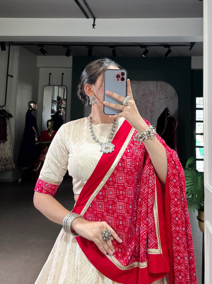 Red & Ivory Zigzag Bandhej Print Lehenga Choli Set with Dupatta