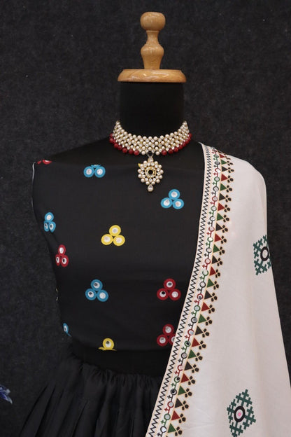 Black & Ivory Mirror Work Muslin Cotton Lehenga Choli Set with Dupatta