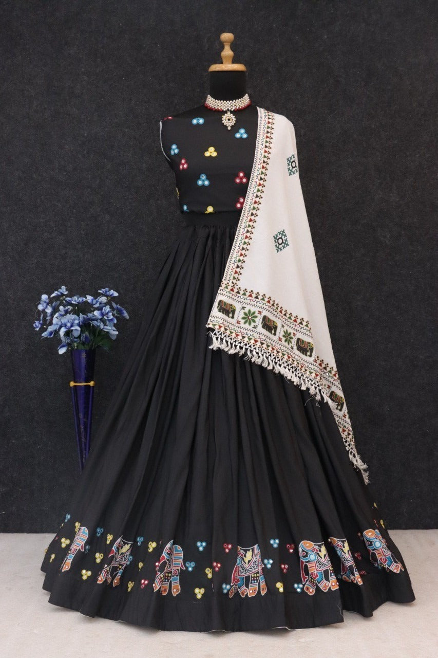 Black & Ivory Mirror Work Muslin Cotton Lehenga Choli Set with Dupatta
