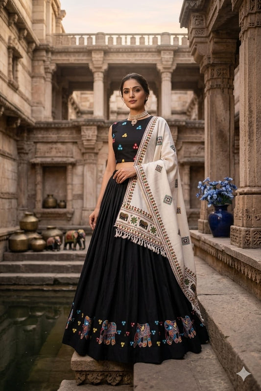 Black & Ivory Mirror Work Muslin Cotton Lehenga Choli Set with Dupatta